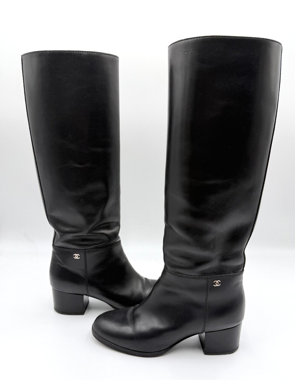 Chanel Black Leather Knee High Boots Round Toe Low Block Heel Size 36.5 6.5